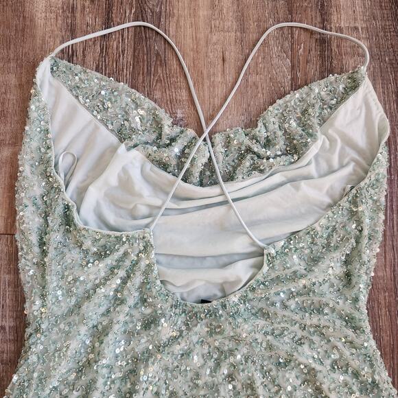 Retrofete Mich Sequin Mini Dress in Mint Aqua Green Small Beaded Sleeveless Cowl - Picture 7 of 12